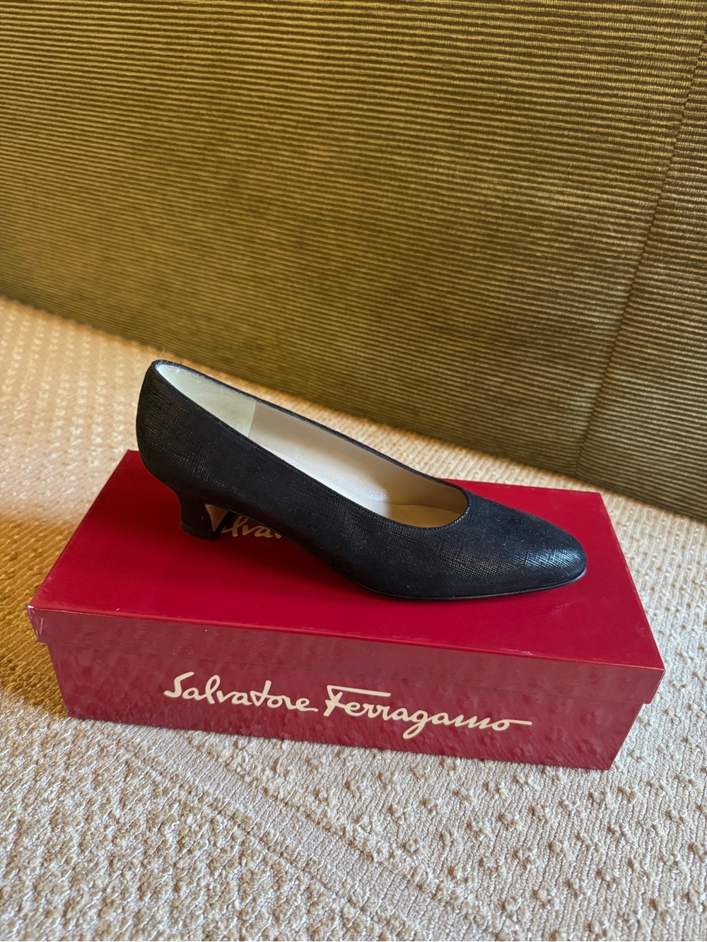 Salvatore Ferragamo Black Textured Leather Mid Heel Pumps